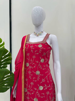 Pink Embroidered Faux Georgette Sharara Suit Set with Dupatta ClothsVilla