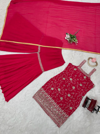 Pink Embroidered Faux Georgette Sharara Suit Set with Dupatta ClothsVilla