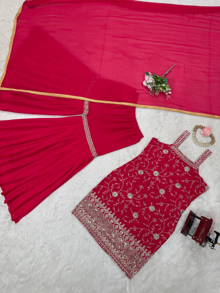 Pink Embroidered Faux Georgette Sharara Suit Set with Dupatta ClothsVilla