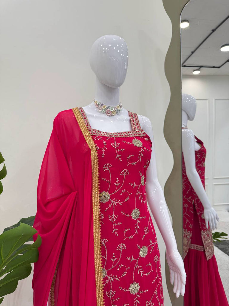 Pink Embroidered Faux Georgette Sharara Suit Set with Dupatta ClothsVilla