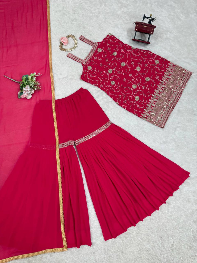 Pink Embroidered Faux Georgette Sharara Suit Set with Dupatta ClothsVilla