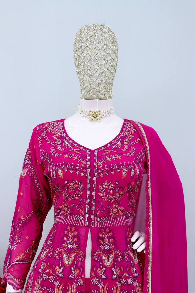 Pink Embroidered Faux Georgette Suit Set with Lace Dupatta – Fully Stitched ClothsVilla