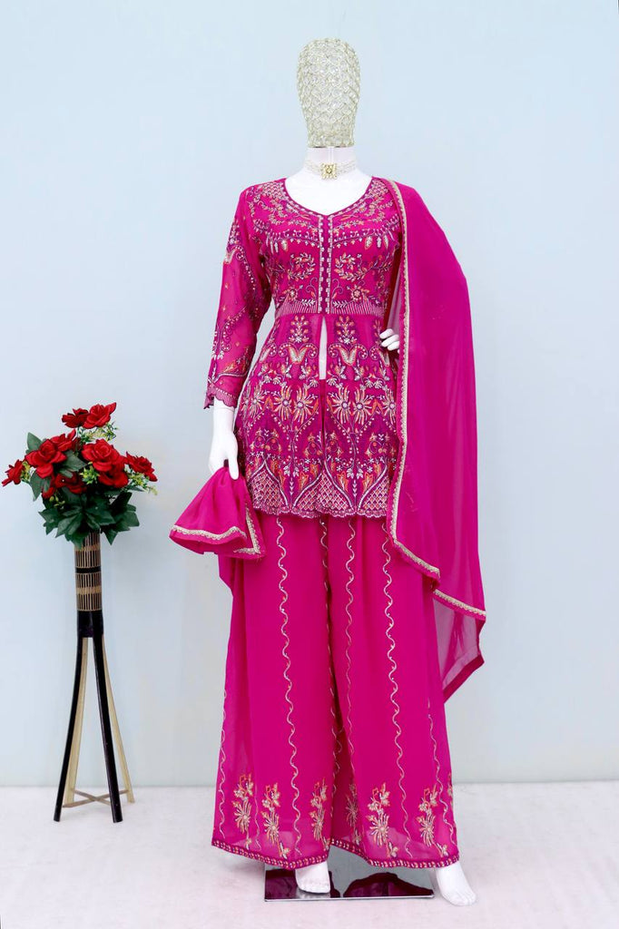 Pink Embroidered Faux Georgette Suit Set with Lace Dupatta – Fully Stitched ClothsVilla