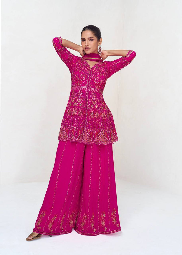 Pink Embroidered Faux Georgette Suit Set with Lace Dupatta – Fully Stitched ClothsVilla