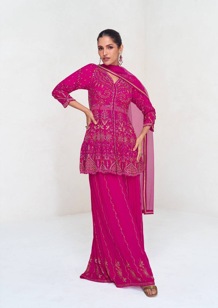 Pink Embroidered Faux Georgette Suit Set with Lace Dupatta – Fully Stitched ClothsVilla