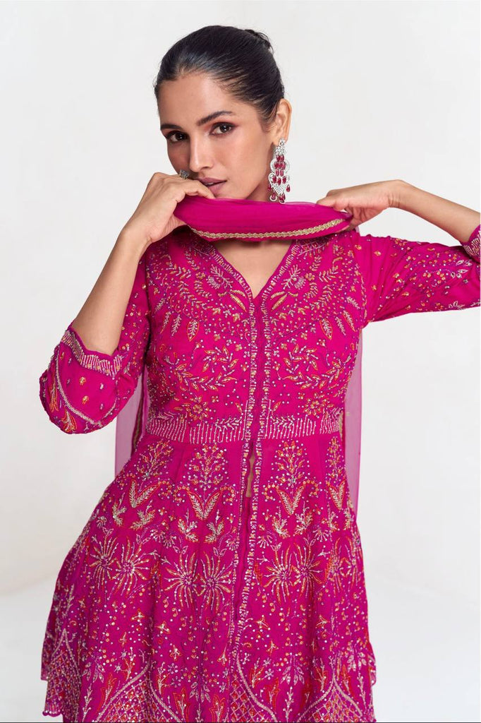 Pink Embroidered Faux Georgette Suit Set with Lace Dupatta – Fully Stitched ClothsVilla