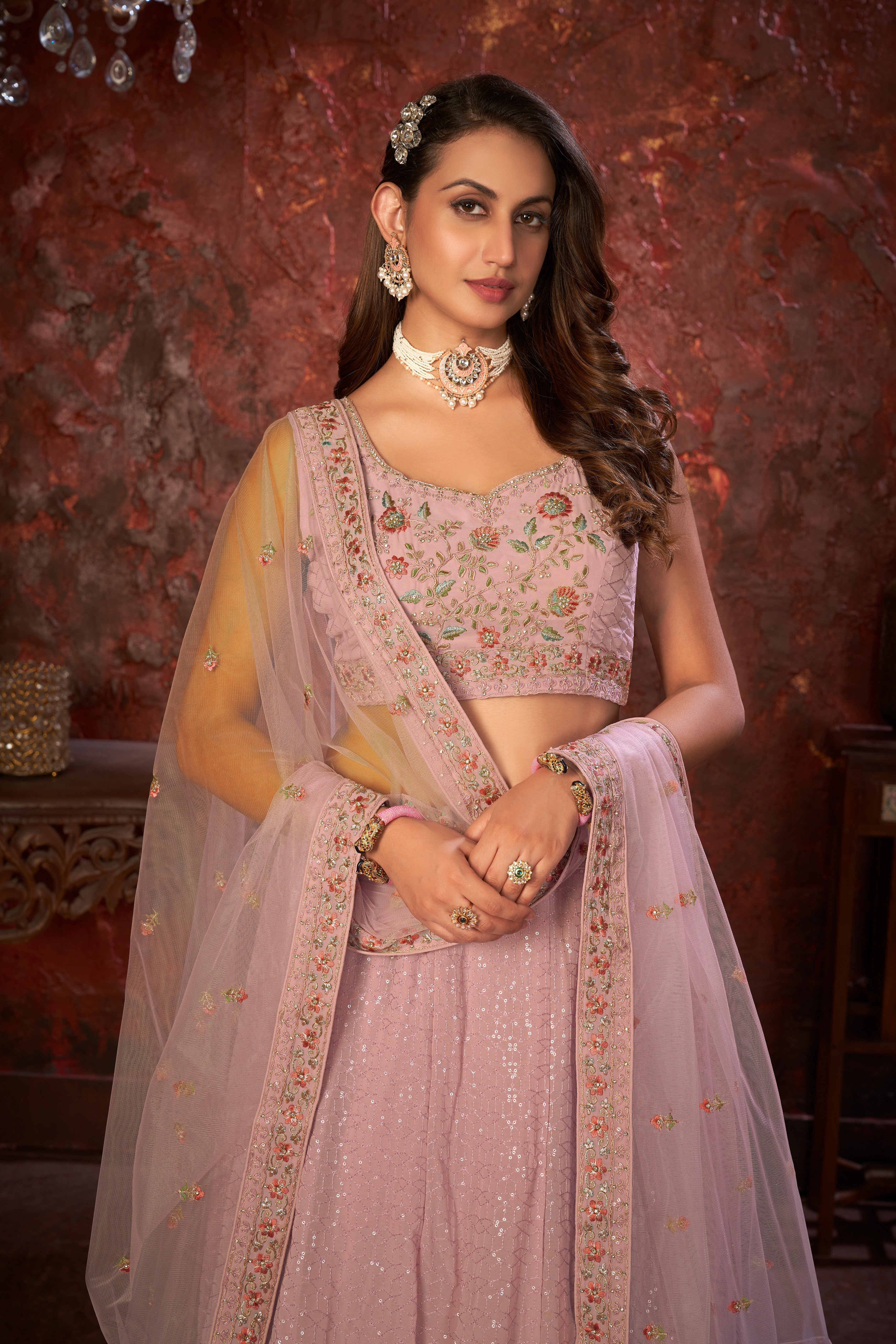 Exquisite Pink Embroidered Fox Georgette Girlish Trendy Lehenga ClothsVilla