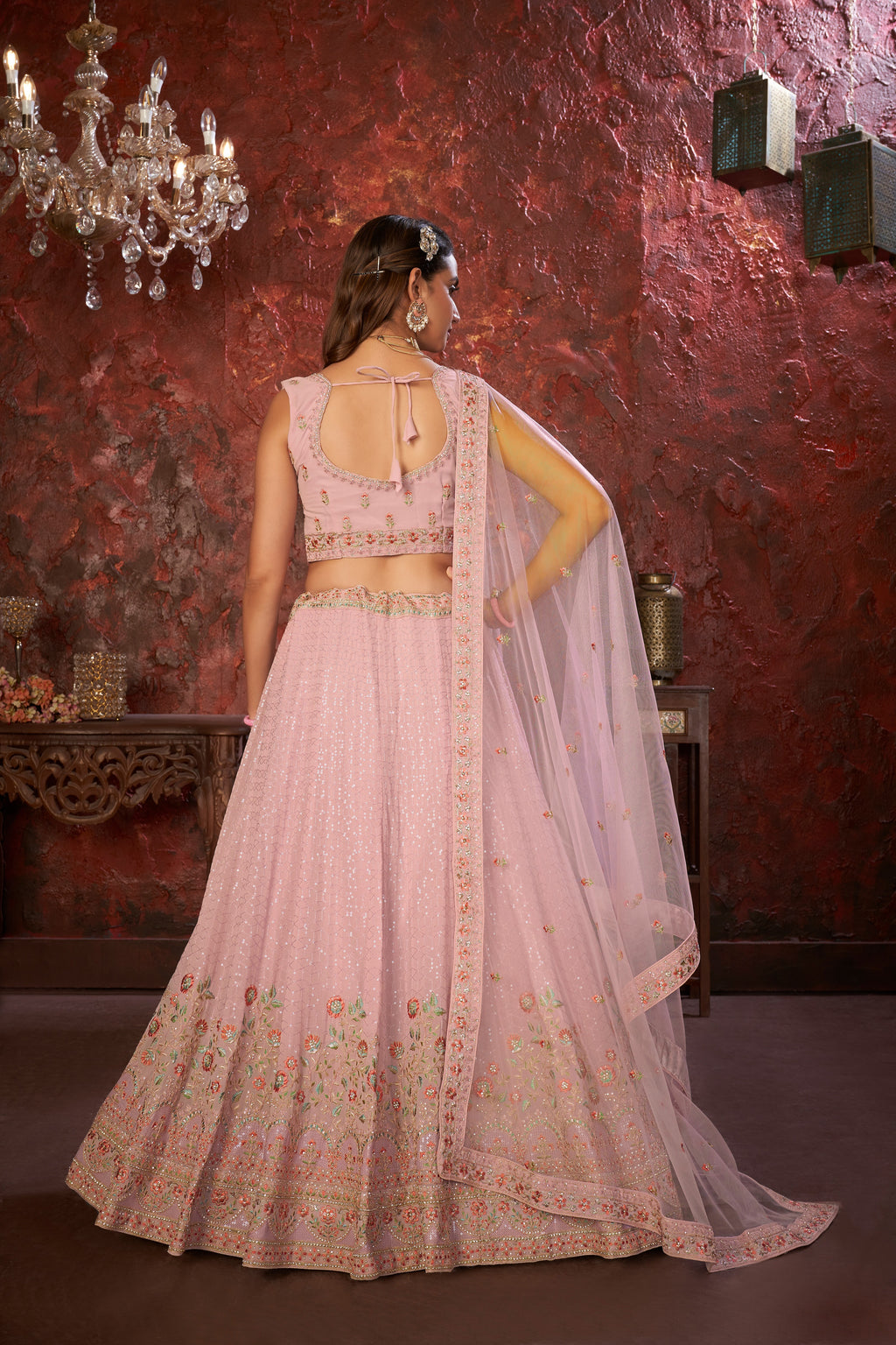 Exquisite Pink Embroidered Fox Georgette Girlish Trendy Lehenga ClothsVilla