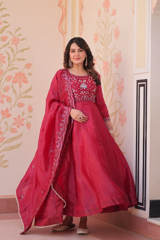 Pink Embroidered Gown with Dupatta ClothsVilla
