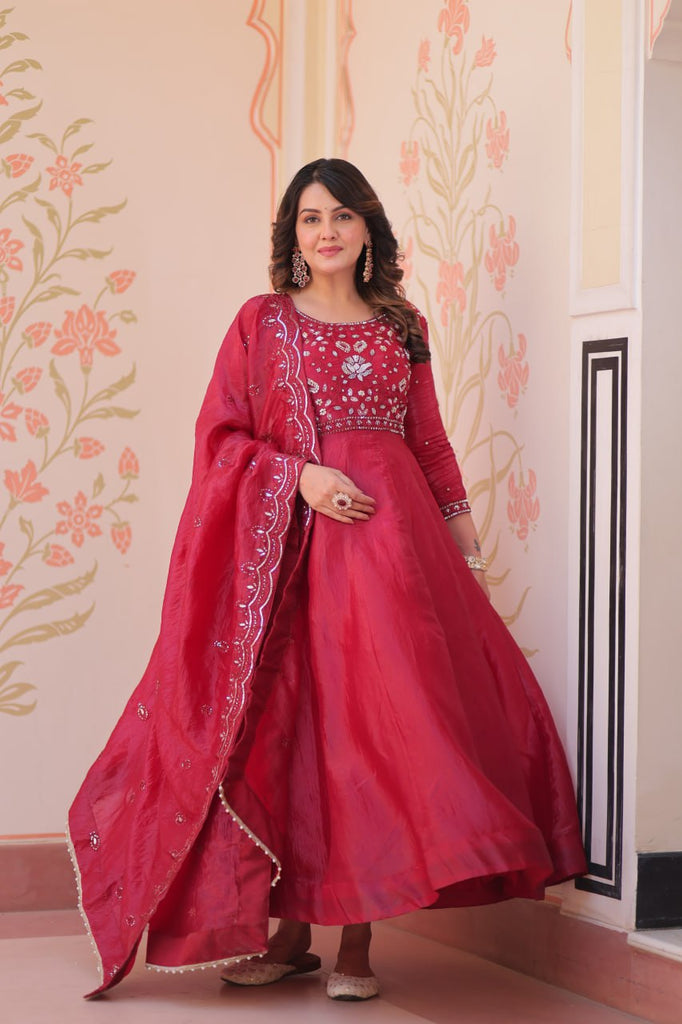 Pink Embroidered Gown with Dupatta ClothsVilla