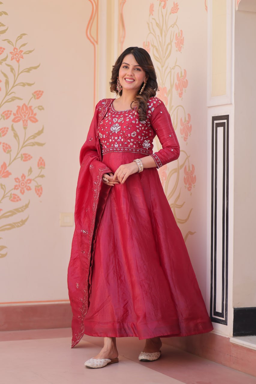 Pink Embroidered Gown with Dupatta ClothsVilla