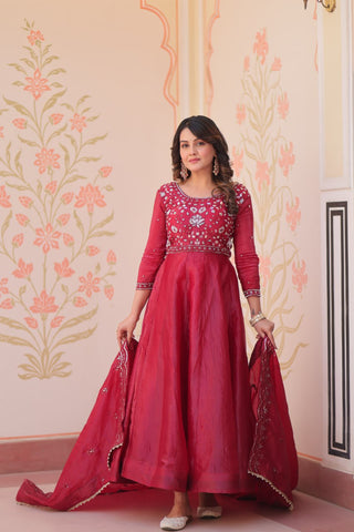 Pink Embroidered Gown with Dupatta ClothsVilla