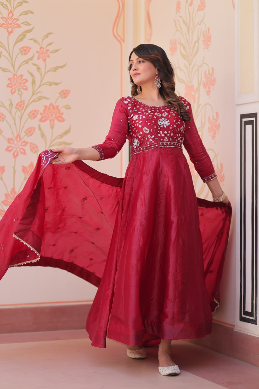 Pink Embroidered Gown with Dupatta ClothsVilla