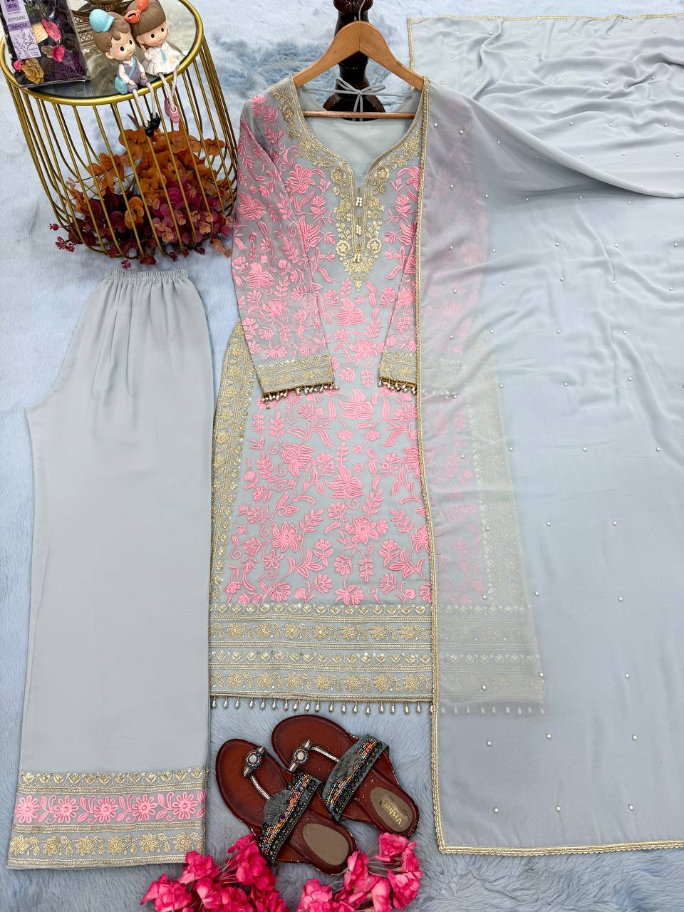Pink Embroidered Kurta Palazzo Set ClothsVilla