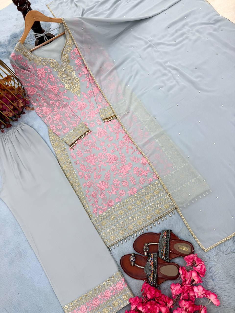 Pink Embroidered Kurta Palazzo Set ClothsVilla