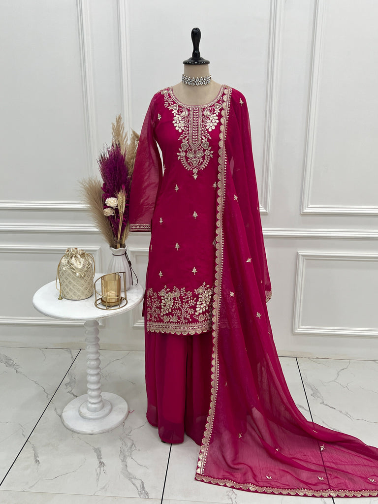 Pink Embroidered Kurta Sharara Set ClothsVilla