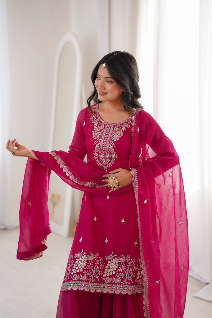 Pink Embroidered Kurta Sharara Set ClothsVilla