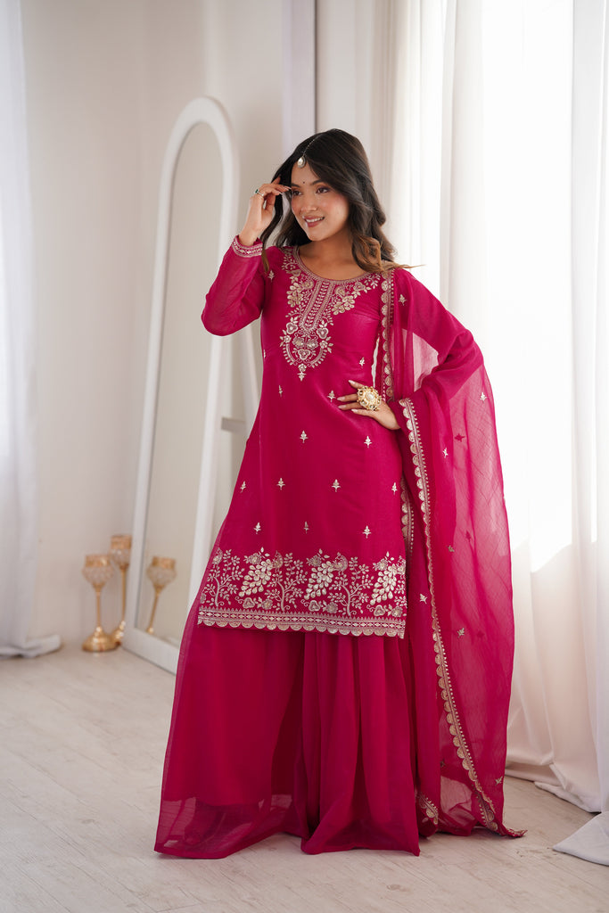 Pink Embroidered Kurta Sharara Set ClothsVilla