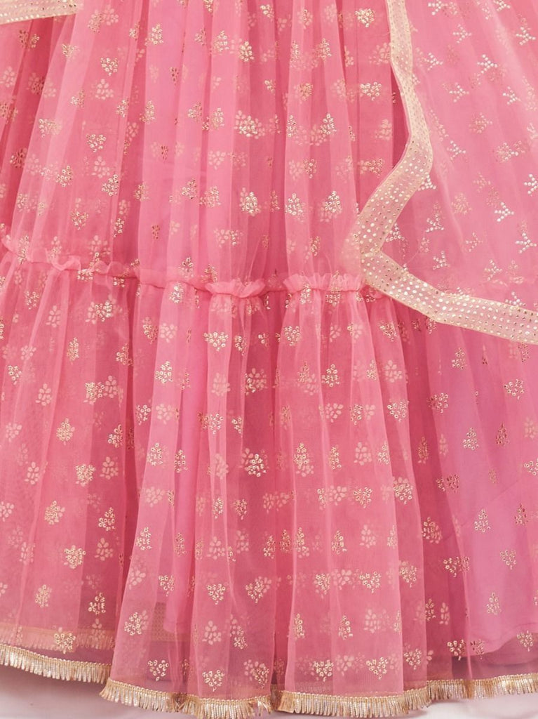 Pink Embroidered Ruffle Net Lehenga Traditional Partywear Designer Wedding Festival  - Embroidery Work, Art Silk, Rubber Print Clothsvilla