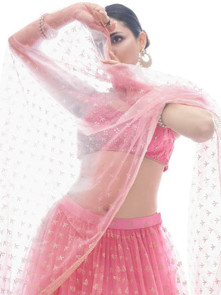 Pink Embroidered Ruffle Net Lehenga Traditional Partywear Designer Wedding Festival  - Embroidery Work, Art Silk, Rubber Print Clothsvilla