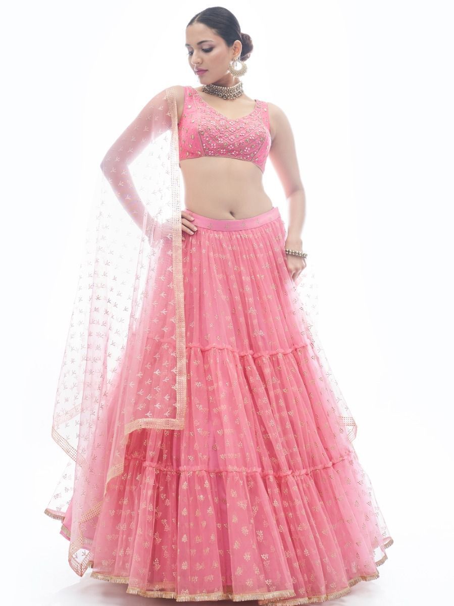 Pink Embroidered Ruffle Net Lehenga Traditional Partywear Designer Wedding Festival  - Embroidery Work, Art Silk, Rubber Print Clothsvilla