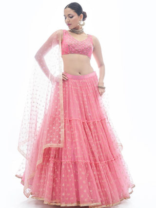 Pink Embroidered Ruffle Net Lehenga Traditional Partywear Designer Wedding Festival  - Embroidery Work, Art Silk, Rubber Print Clothsvilla