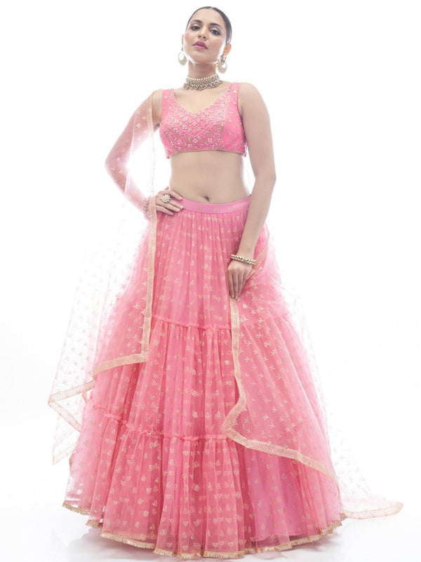 Pink Embroidered Ruffle Net Lehenga Traditional Partywear Designer Wedding Festival  - Embroidery Work, Art Silk, Rubber Print Clothsvilla