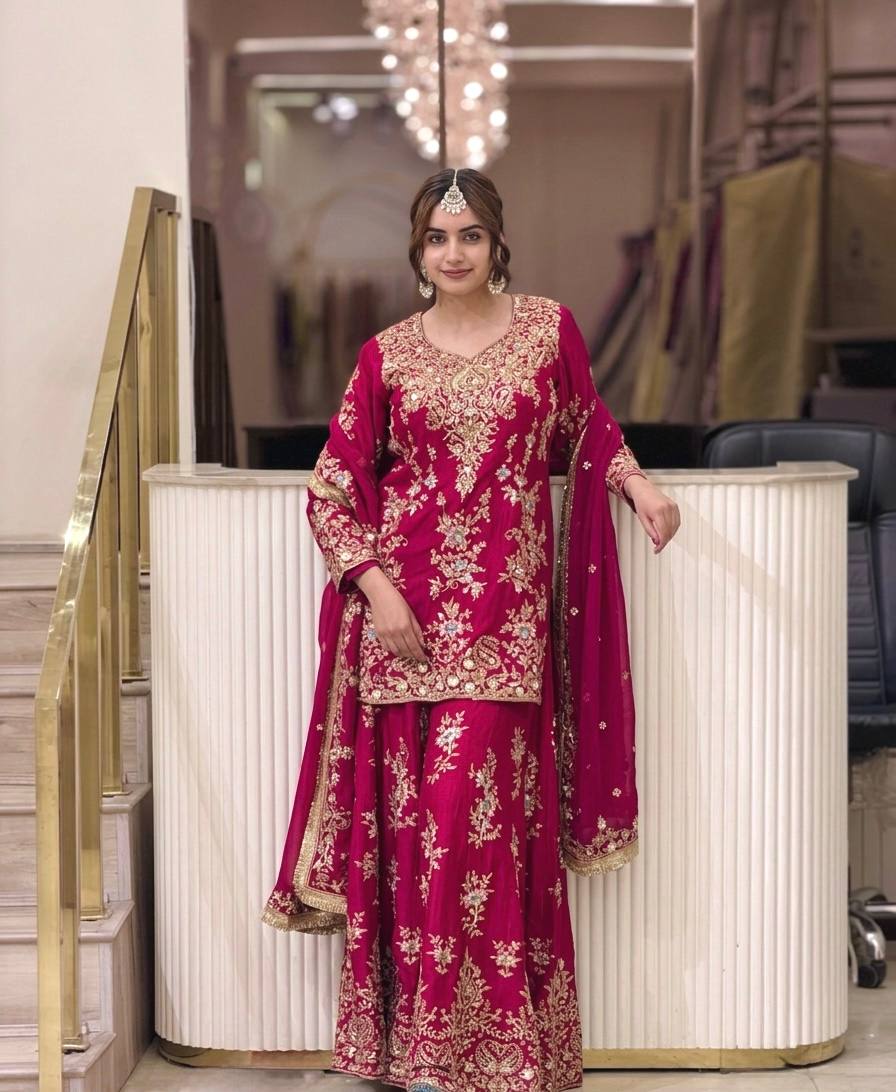 Pink Embroidered Sequin Palazzo Suit ClothsVilla