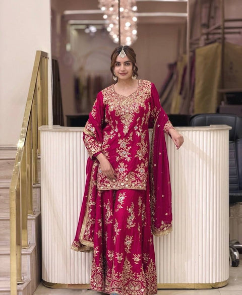 Pink Embroidered Sequin Palazzo Suit ClothsVilla Main image