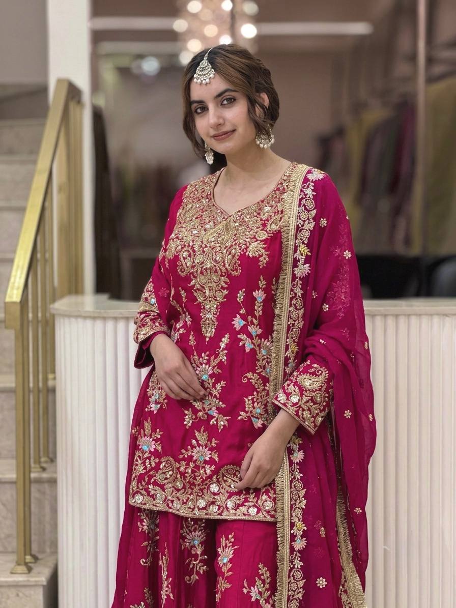 Pink Embroidered Sequin Palazzo Suit ClothsVilla