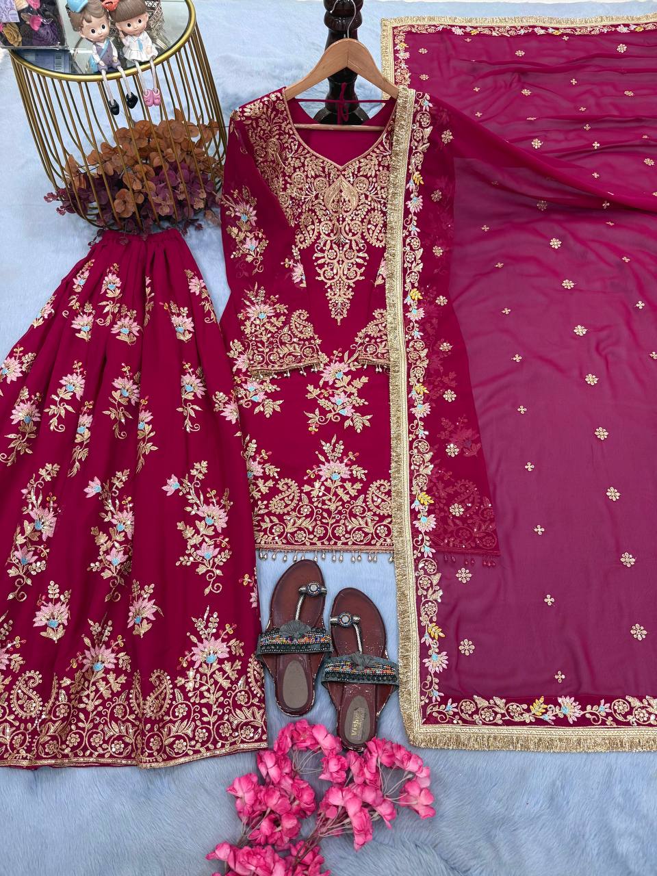 Pink Embroidered Sequin Palazzo Suit ClothsVilla