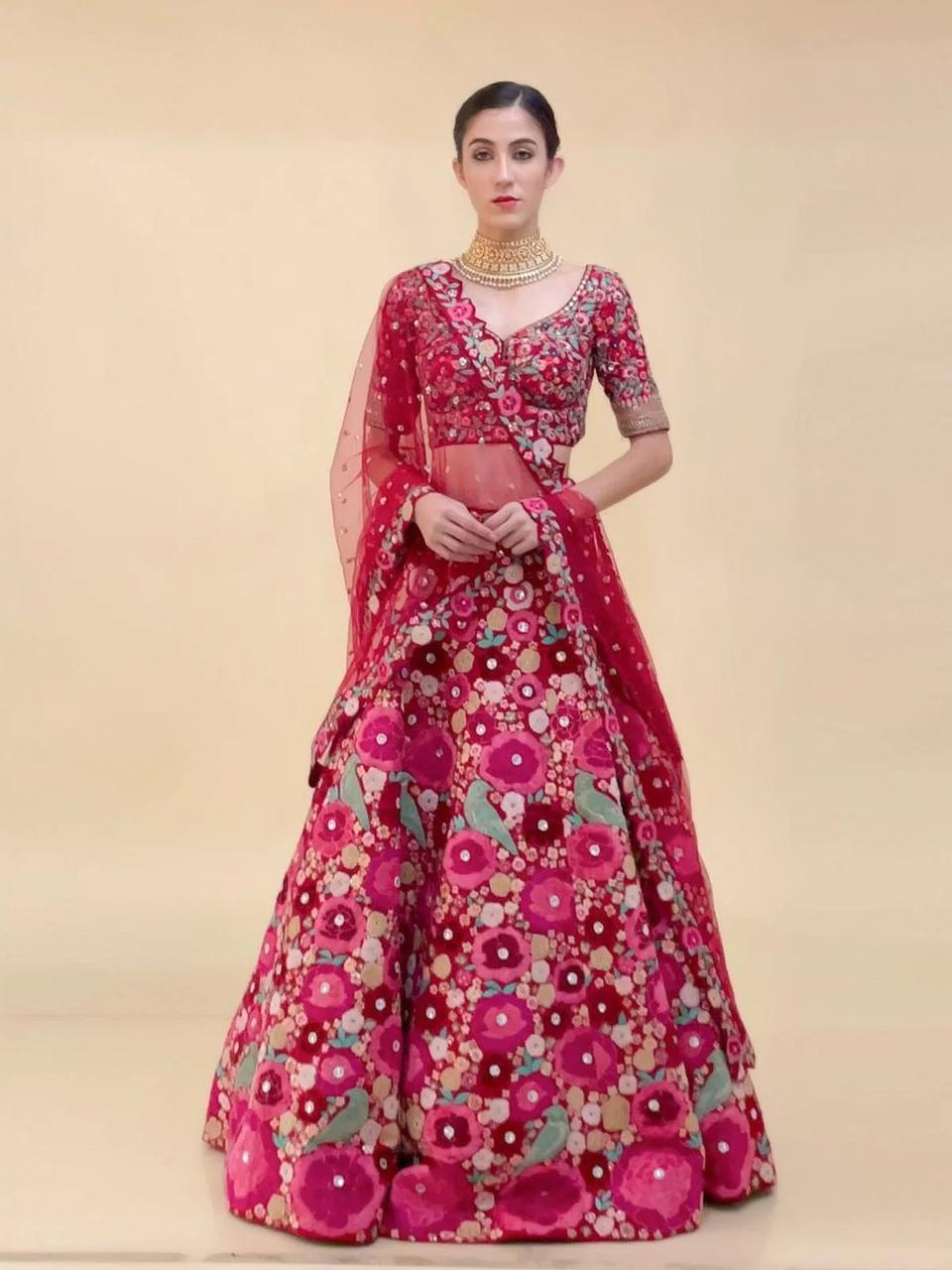 Pink Enchanting Tapeta Velvet Lehenga with Chainstitch Embroidery & Sequins Work ClothsVilla