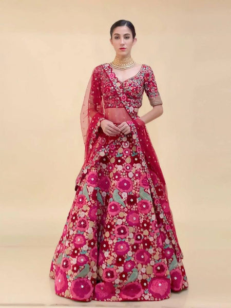 Pink Enchanting Tapeta Velvet Lehenga with Chainstitch Embro