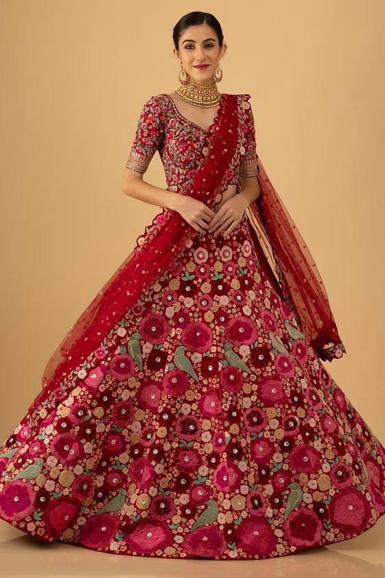 Pink Enchanting Tapeta Velvet Lehenga with Chainstitch Embroidery & Sequins Work ClothsVilla