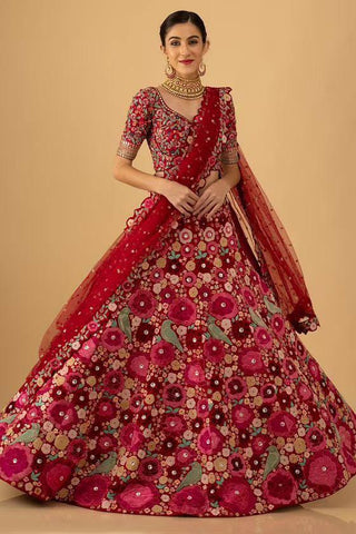 Pink Enchanting Tapeta Velvet Lehenga with Chainstitch Embroidery & Sequins Work ClothsVilla
