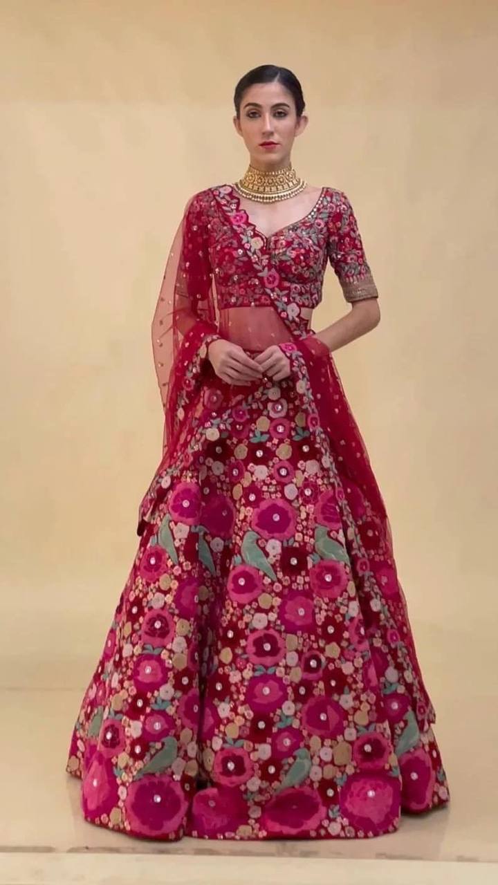 Pink Enchanting Tapeta Velvet Lehenga with Chainstitch Embroidery & Sequins Work ClothsVilla