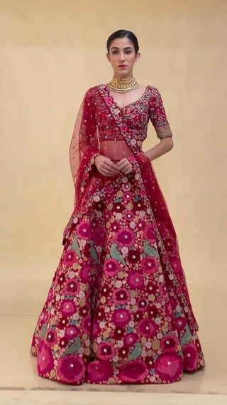 Pink Enchanting Tapeta Velvet Lehenga with Chainstitch Embroidery & Sequins Work ClothsVilla