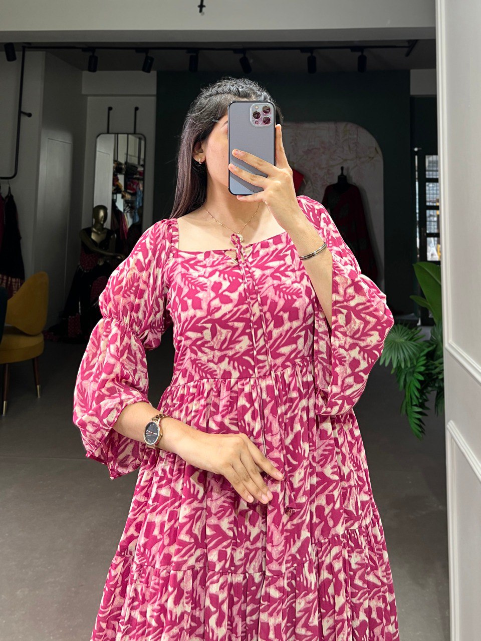 Pink Ethnic Elegance – Triple-Layer Georgette Frock