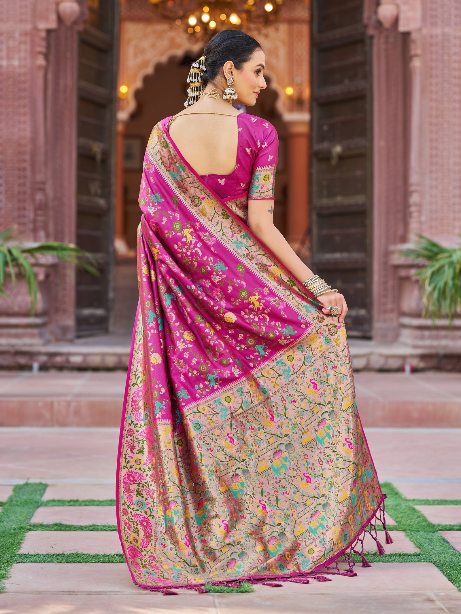 Pink Exquisite Banarasi Jacquard Art Silk Saree with Matching Border Blouse – Perfect for Weddings ClothsVilla