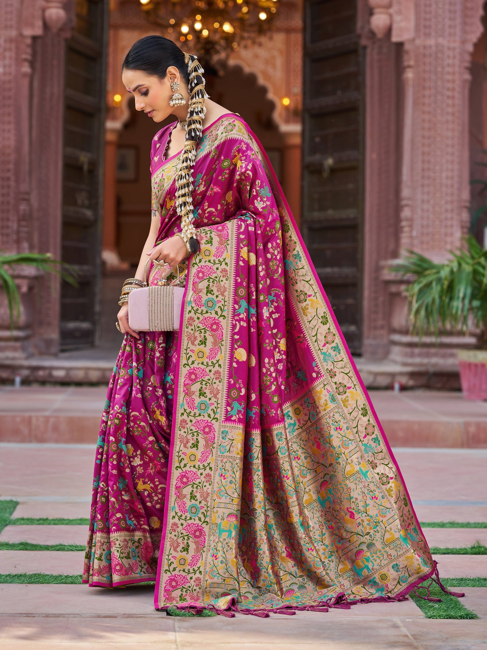 Pink Exquisite Banarasi Jacquard Art Silk Saree with Matching Border Blouse – Perfect for Weddings ClothsVilla