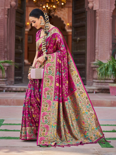 Pink Exquisite Banarasi Jacquard Art Silk Saree with Matching Border Blouse – Perfect for Weddings ClothsVilla