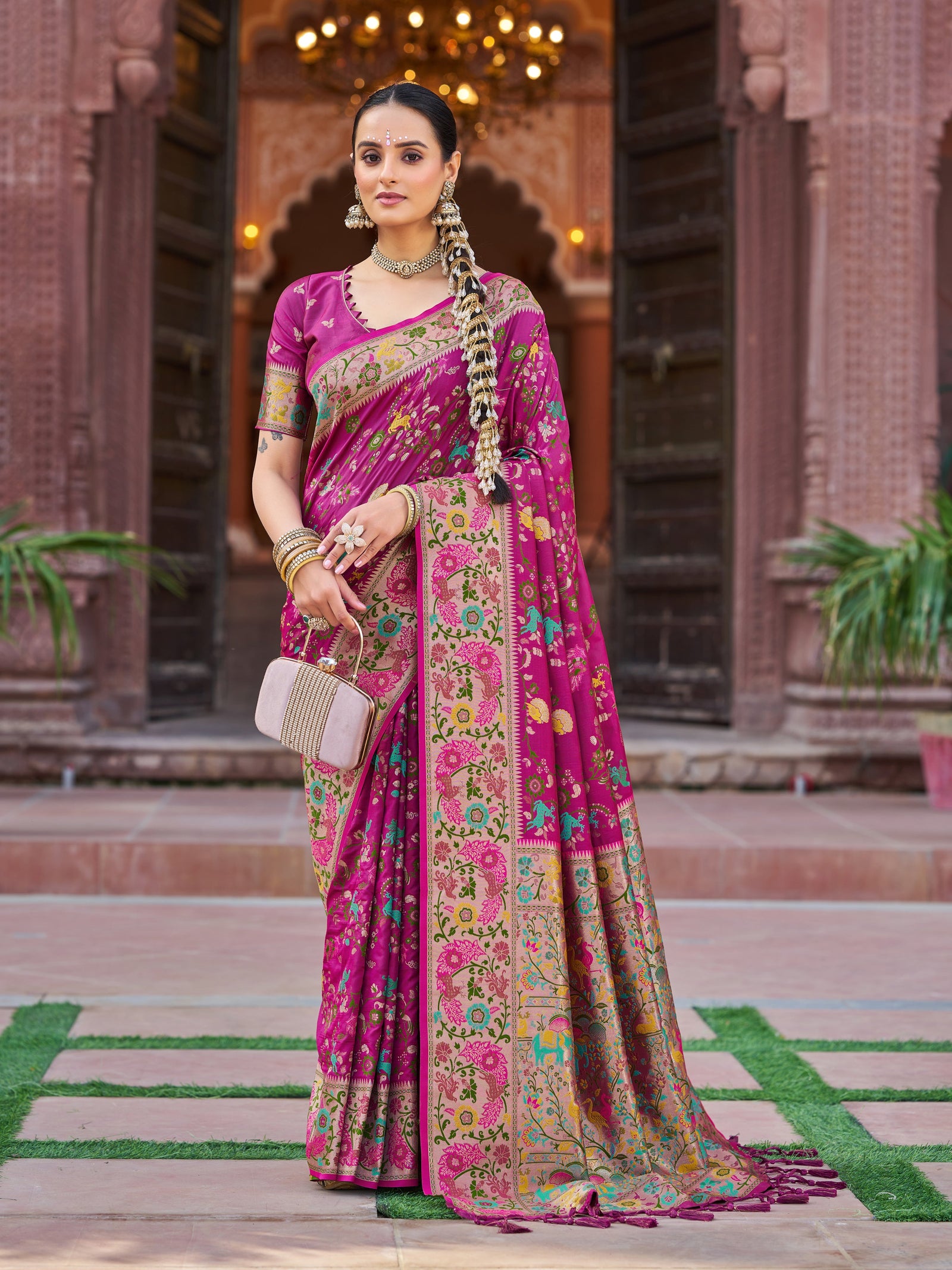 Pink Exquisite Banarasi Jacquard Art Silk Saree with Matching Border Blouse – Perfect for Weddings ClothsVilla