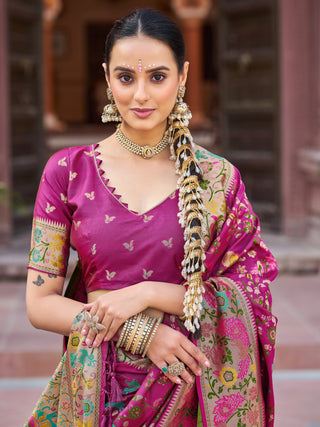 Pink Exquisite Banarasi Jacquard Art Silk Saree with Matching Border Blouse – Perfect for Weddings ClothsVilla