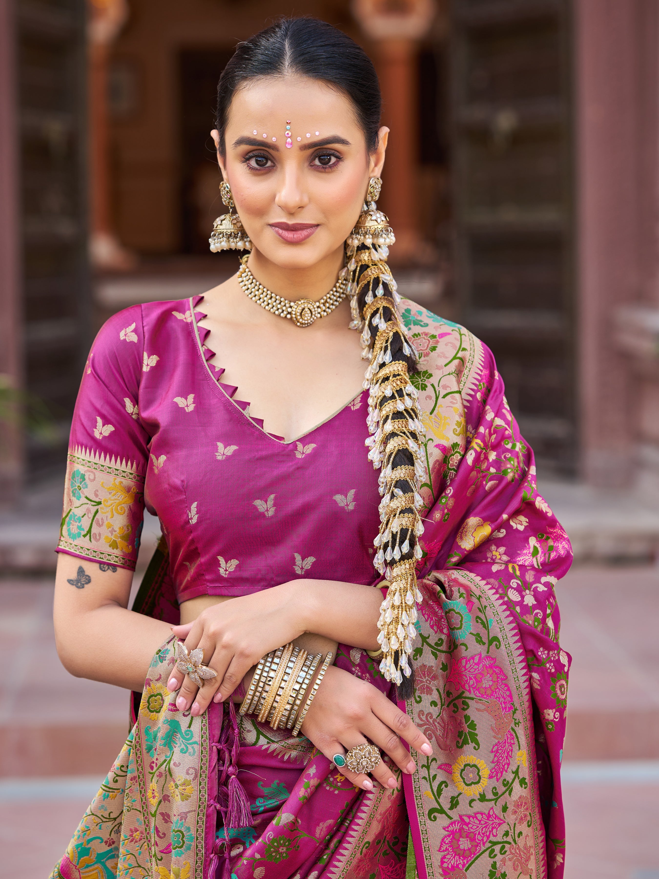 Pink Exquisite Banarasi Jacquard Art Silk Saree with Matching Border Blouse – Perfect for Weddings ClothsVilla