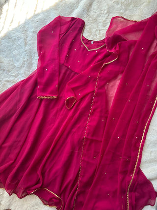 Pink Exquisite Georgette Anarkali Gown with Cut Border Dupatta ClothsVilla