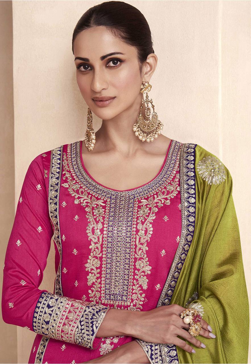Pink Exquisite Heavy Vichitra Silk Embroidered Suit Set with Dupatta ClothsVilla