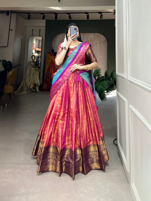 Pink Exquisite Kanjivaram Silk Lehenga Choli with Zari Weaving ClothsVilla Main image