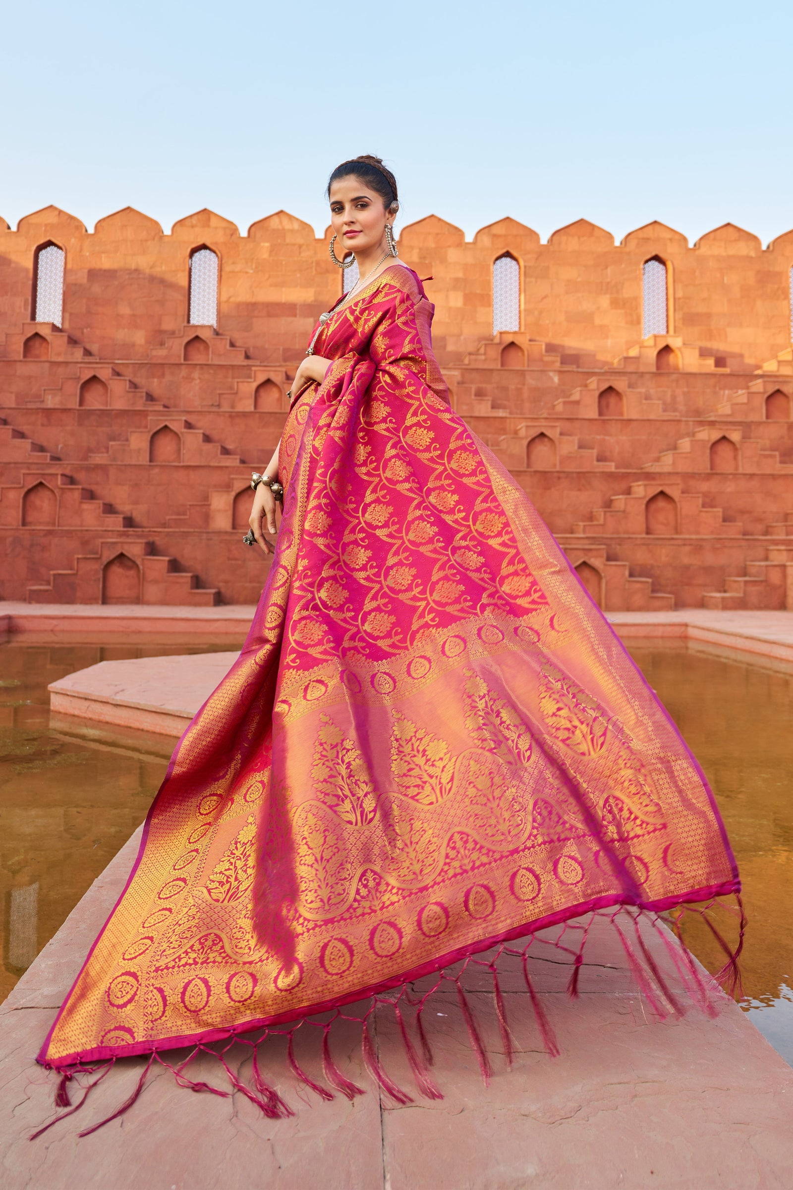 Pink Exquisite Litchi Silk Banarasi Saree with Zari Woven Design ClothsVilla