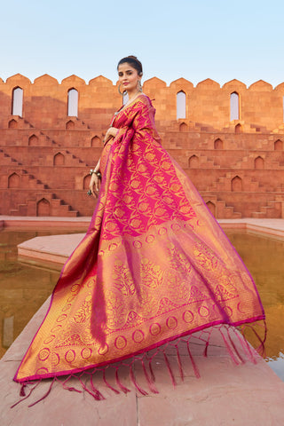 Pink Exquisite Litchi Silk Banarasi Saree with Zari Woven Design ClothsVilla