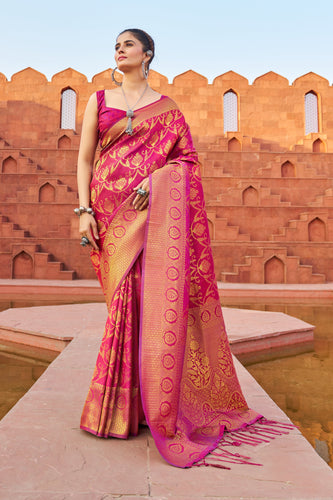 Pink Exquisite Litchi Silk Banarasi Saree with Zari Woven Design ClothsVilla